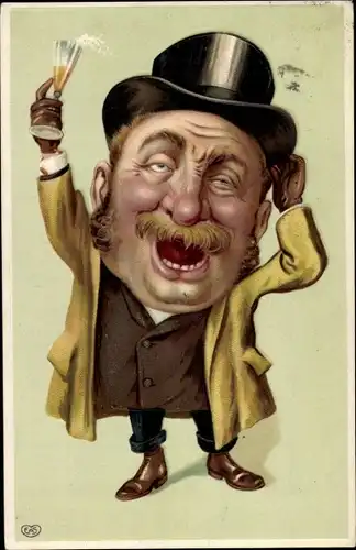 Präge Ak Betrunkener Mann mit Sektglas, Mantel, Zylinder, Karikatur