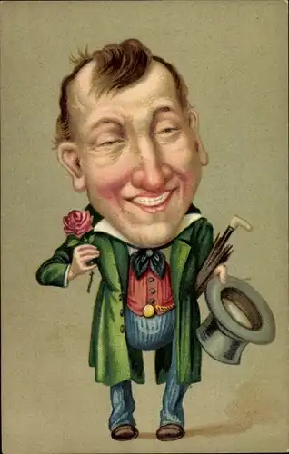 Präge Ak Nobler Mann, Betrunkener, Rote Nase, Zylinder, Rose, Regenschirm