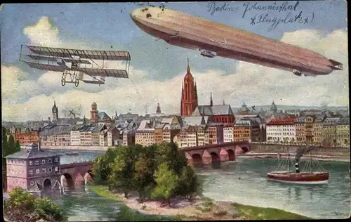 Ak Zeppelin Luftschiff und Flugzeug über einer Stadt, Kirche, Brücke