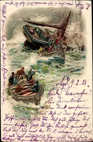 Litho Rettung aus Seenot, Segelschiff, Rettungsboote