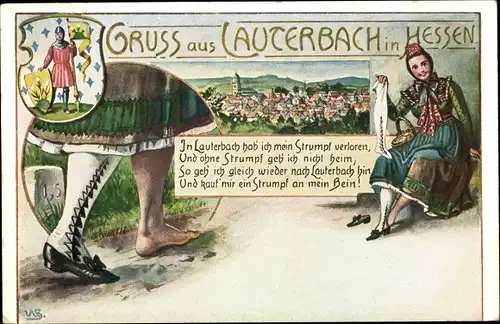Künstler Wappen Ak Lauterbach in Hessen, Blick auf den Ort, Frau in Tracht mit verlorenem Strumpf