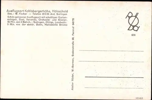 Ak Höhscheid Solingen in Nordrhein Westfalen, Blick auf Kohlsbergerhöhe, Besitzer W Fischer