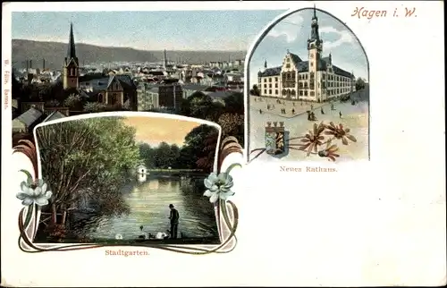 Litho Hagen in Westfalen, Stadtpanorama, Rathaus, Stadtgarten