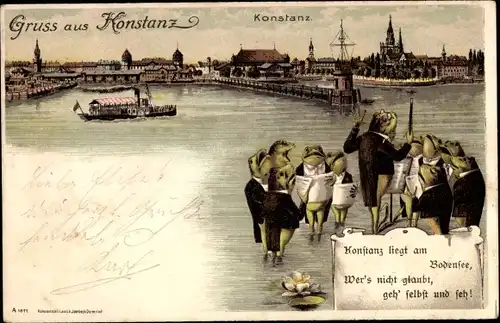 Litho Konstanz am Bodensee, Stadtansicht, vermenschlichte Frösche, Chor