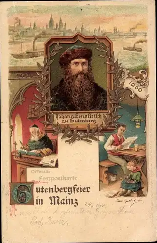 Künstler Litho Mainz am Rhein, Gutenbergfeier 1900, Johann Gensfleisch zu Gutenberg