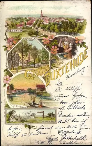 Litho Buxtehude in Niedersachsen, Panorama, Harburgerstraße, Schmied, Wegweiser