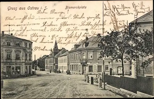 Ak Ostrau in Sachsen, Bismarckplatz, Geschäfte