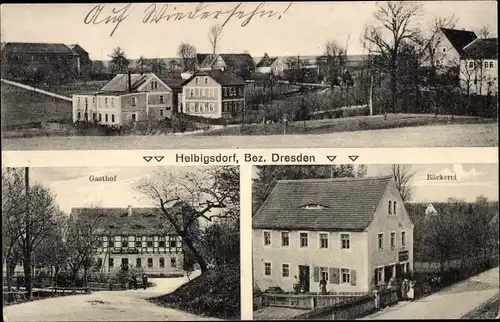 Ak Helbigsdorf Wilsdruff Sachsen, Teilansicht, Gasthof, Bäckerei