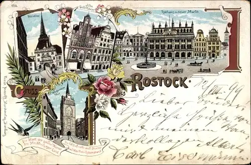 Litho Rostock, Rathaus, neuer Markt, Körpeliner Tor, Steintor, Giebelhäuser