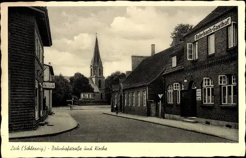 Ak Leck in Schleswig Nordfriesland, Bahnhofstraße, Kirche, Rohrbach&#39;s Gasthof