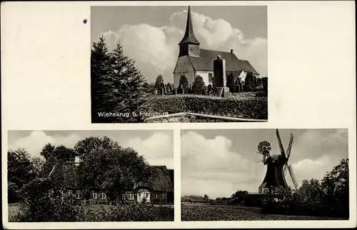 Ak Wiehekrug Großenwiehe Schleswig Holstein, Kirche, Windmühle