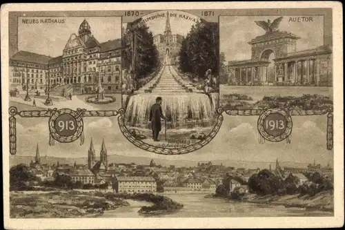 Ak Kassel in Hessen, Neues Rathaus, Wilhelmshöhe, Auetor, Panorama, Jahrtausenfeier 913-1913