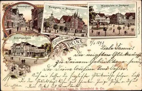 Litho Peine in Niedersachsen, Stederdorfer Straße, Marktplatz, Breitestraße, Schützenhaus, Denkmal