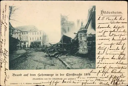 Ak Hildesheim in Niedersachsen, Brand auf dem Hohenweg, Christnacht 1898, Schuhstraße, Litfaßsäule