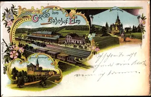 Litho Elm Schlüchtern in Hessen, Bahnhof, Burg Brandenstein, Schloss Ramholz