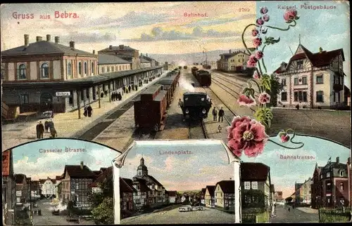 Ak Bebra Hessen, Bahnhof von der Gleisseite, Eisenbahn, Post, Lindenplatz, Kasseler Straße, Bahnstr.