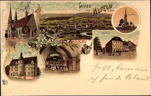 Litho Alfeld an der Leine, Kriegerdenkmal, Kirche, Rathaus, Markt, Panorama