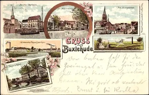 Litho Buxtehude in Niedersachsen, Wintersche Papierfabriken, Hotel, Fährhaus, Marschtor, Mühlenstrom