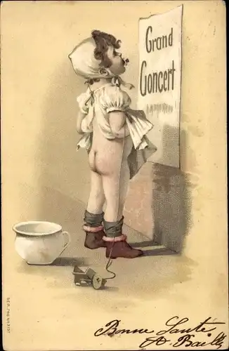 Präge Litho Kind mit Schnuller und Holzspielzeug, Nachttopf, Grand Concert, Humor