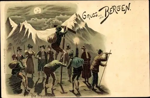 Litho Gruß aus den Bergen, Die Pfadfinder, Wanderer im Mondschein, Wegweiser