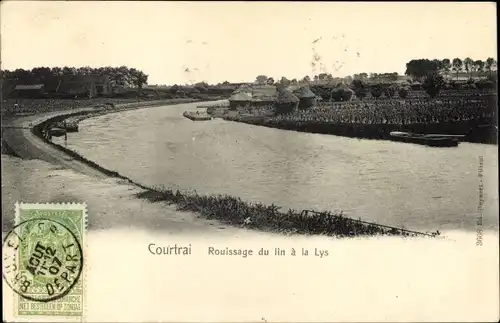 Ak Kortrijk Courtrai Westflandern, Rouissage du lin a la Lys