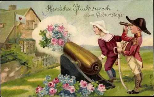 Präge Ak Glückwunsch Geburtstag, Gratulanten, Kanone, Vergissmeinnicht, Rosen, Glücksklee