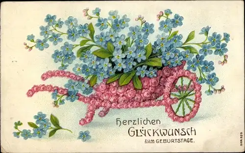 Präge Ak Glückwunsch Geburtstag, Schubkarre, Rosen, Vergissmeinnicht