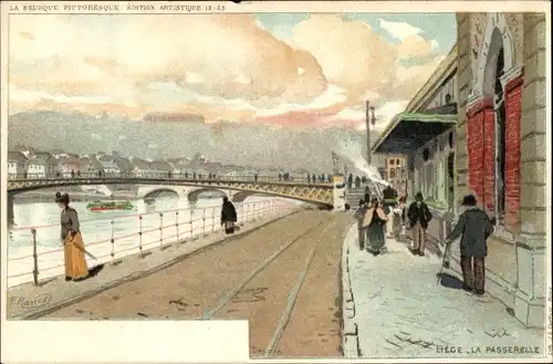 Künstler Ak Ranot, F., Liège Lüttich Wallonien, La Passerelle, piétons, voies ferrées, rivière, pont