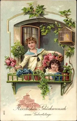 Präge Ak Glückwunsch Geburtstag, Kinder, Balkon, Rosen, Blumentöpfe