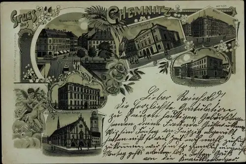 Mondschein Litho Chemnitz in Sachsen, Nikolaibrücke, Theater, Webschule, Börse, Gymnasium, Kirche