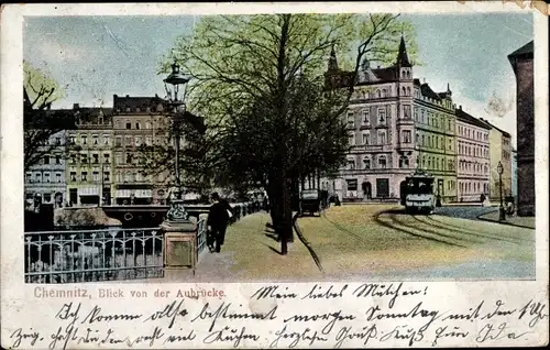 Ak Chemnitz Sachsen, Blick von der Aubrücke, Straßenbahn