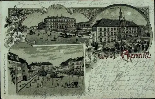 Mondschein Litho Chemnitz in Sachsen, Bahnhof, Rathaus, Neumarkt