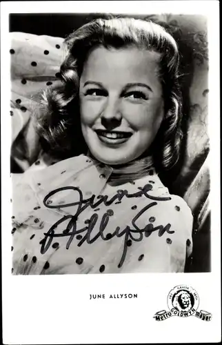 Ak Schauspielerin June Allyson, Portrait, Autogramm