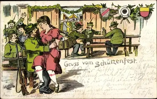 Litho Schützenfest, Festzelt, Schütze mit Kellnerin auf dem Schoß, Bierkrüge