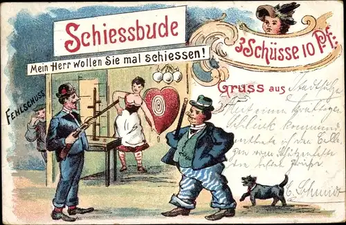 Litho Schießbude, Fehlschuss, 3 Schüsse 10 Pfennig, Volksfest