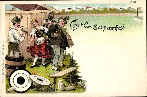 Litho Gruß vom Schützenfest, Mann mit Gewehr, Bierfass, Zielscheiben
