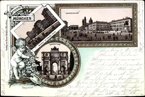 Litho München Bayern, Stadtansichten, Akademie der Künste, Siegestor, Ludwigsstraße, Engel