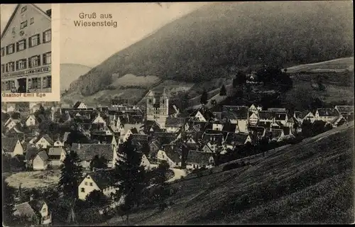 Ak Wiesensteig Kreis Göppingen, Gasthof Emil Ege, Totalansicht der Ortschaft, Kirche