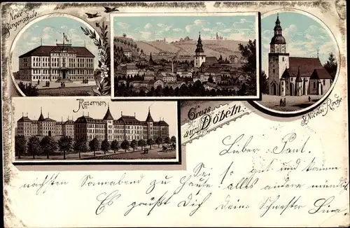 Litho Döbeln in Sachsen, Kasernen, Sankt Nicolai-Kirche, Schule