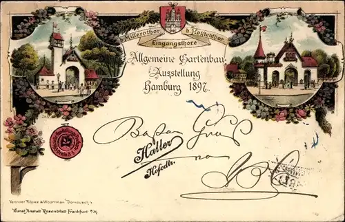 Litho Hamburg, Allgemeine Gartenbauaustellung, 1897, Eingangstore