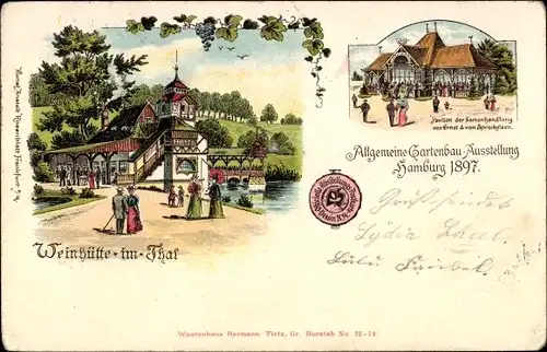 Litho Hamburg Mitte, Allgemeine Gartenbau Ausstellung 1897, Weinhütte im Tal, Samen-Verkauf