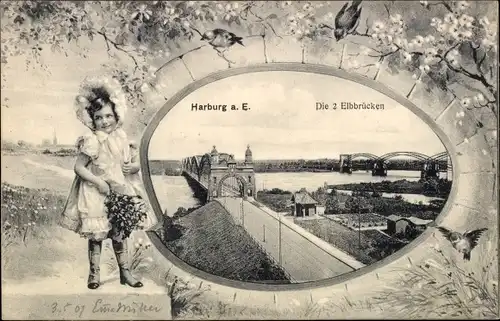 Passepartout Ak Hamburg Harburg, Zwei Elbbrücken, Mädchen mit Blumenstrauß