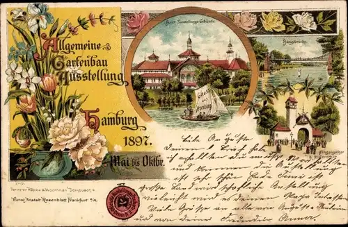 Litho Hamburg Mitte Neustadt, Allgemeine Gartenbauausstellung 1897, Eingangstor, Hängebrücke, Segler