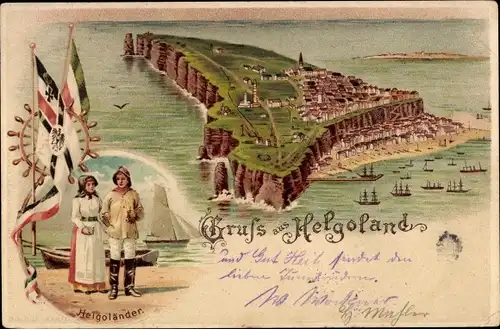 Litho Nordseeinsel Helgoland, Helgoländer, Fahnen, Totalansicht