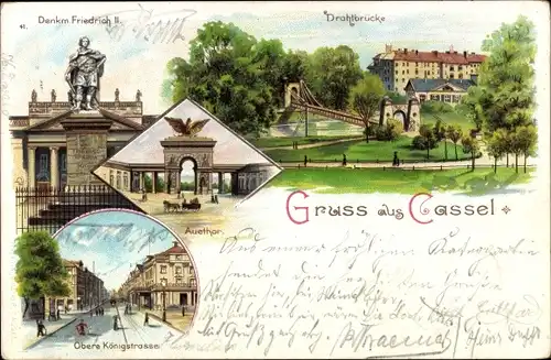 Litho Kassel in Hessen, Denkmal Friedrich II., Obere Königstraße, Auetor, Drahtbrücke