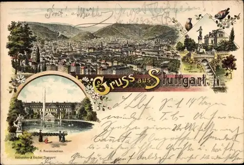 Litho Stuttgart am Neckar, Residenzschloss, Panorama, Eugen-Brunnen
