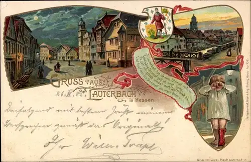 Wappen Litho Lauterbach in Hessen, Kind mit verlorenem Strumpf, Ortsansichten