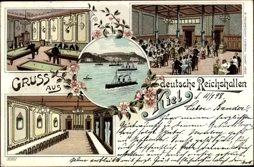Litho Kiel, Deutsche Reichshallen, Saal, Billardsaal, Kriegsschiffe im Hafen