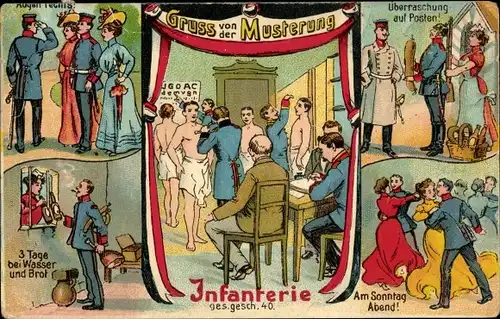 Ak Gruß von der Musterung, Infanterie, Sonntagabend, Wasser und Brot, Posten