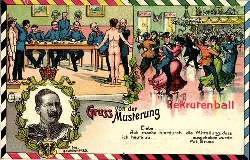 Litho Gruß von der Musterung, Kaiser Wilhelm II., Rekrutenball